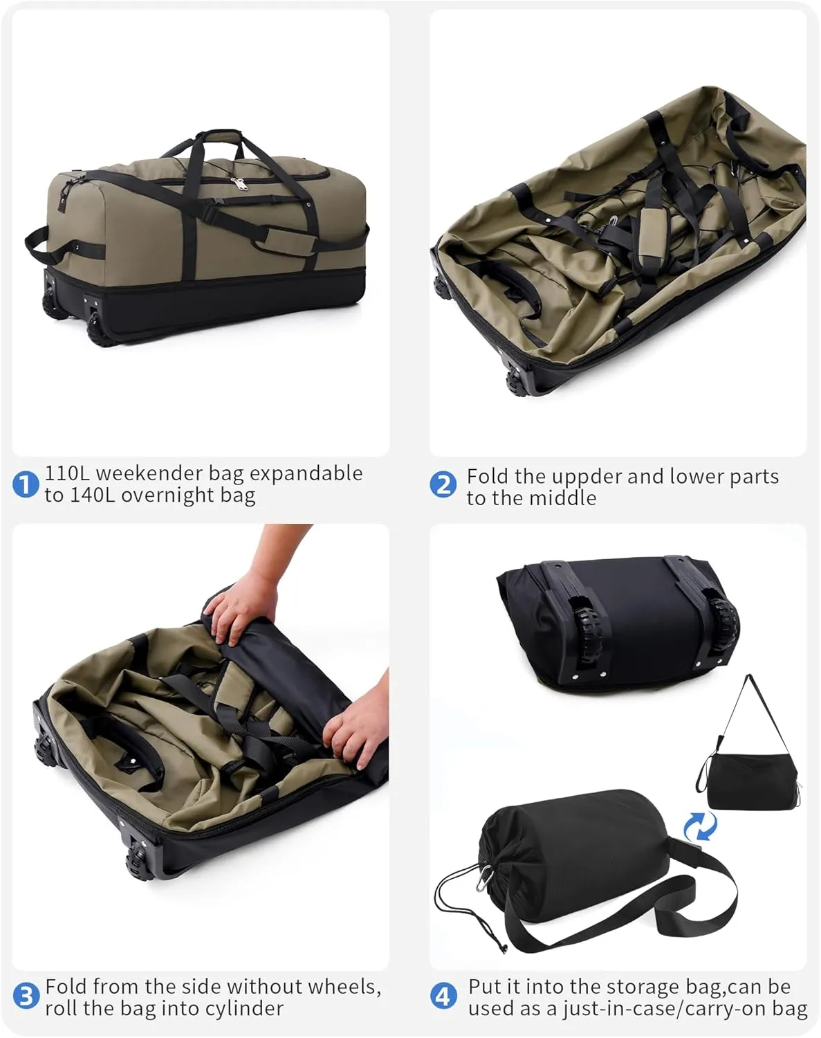 CONTAIL 32” Soft-side 110L Expandable 140L Rolling Duffle Bag with 2 Inline Wheels,Convertible Weekend Travel Bag with Bungee-Cord System,Army Green