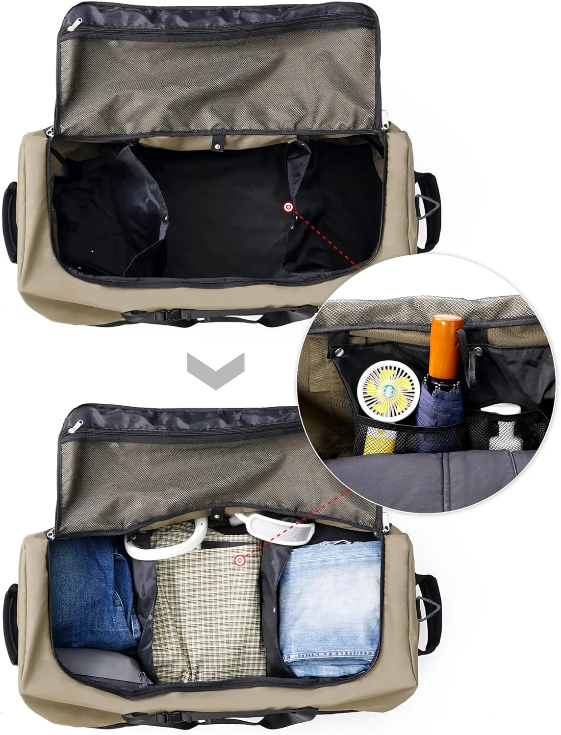 CONTAIL 32” Soft-side 110L Expandable 140L Rolling Duffle Bag with 2 Inline Wheels,Convertible Weekend Travel Bag with Bungee-Cord System,Army Green