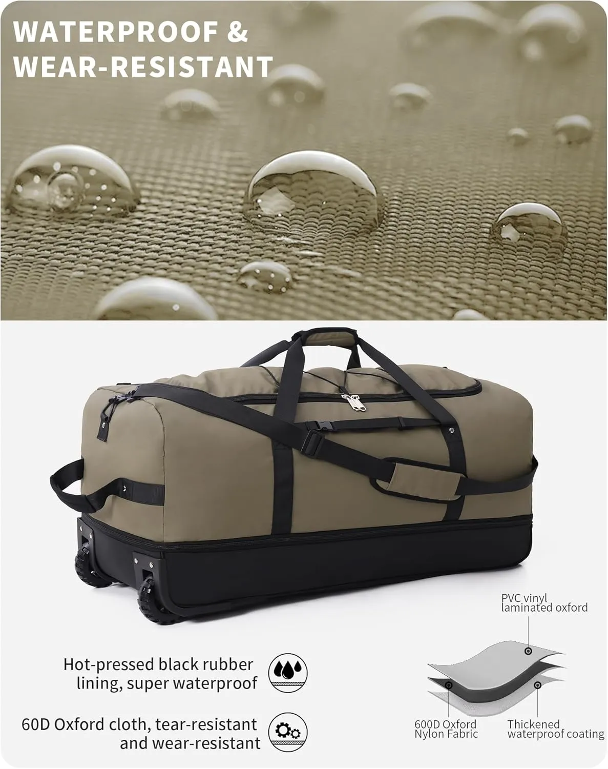 CONTAIL 32” Soft-side 110L Expandable 140L Rolling Duffle Bag with 2 Inline Wheels,Convertible Weekend Travel Bag with Bungee-Cord System,Army Green