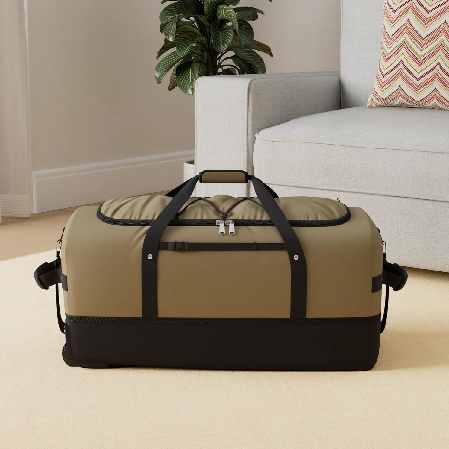 CONTAIL 32” Soft-side 110L Expandable 140L Rolling Duffle Bag with 2 Inline Wheels,Convertible Weekend Travel Bag with Bungee-Cord System,Army Green