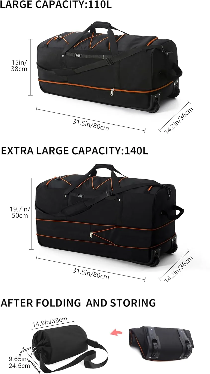 CONTAIL 32” Soft-side 110L Expandable 140L Rolling Duffle Bag with 2 Inline Wheels,Convertible Weekend Travel Bag with Bungee-Cord System,Black-orange