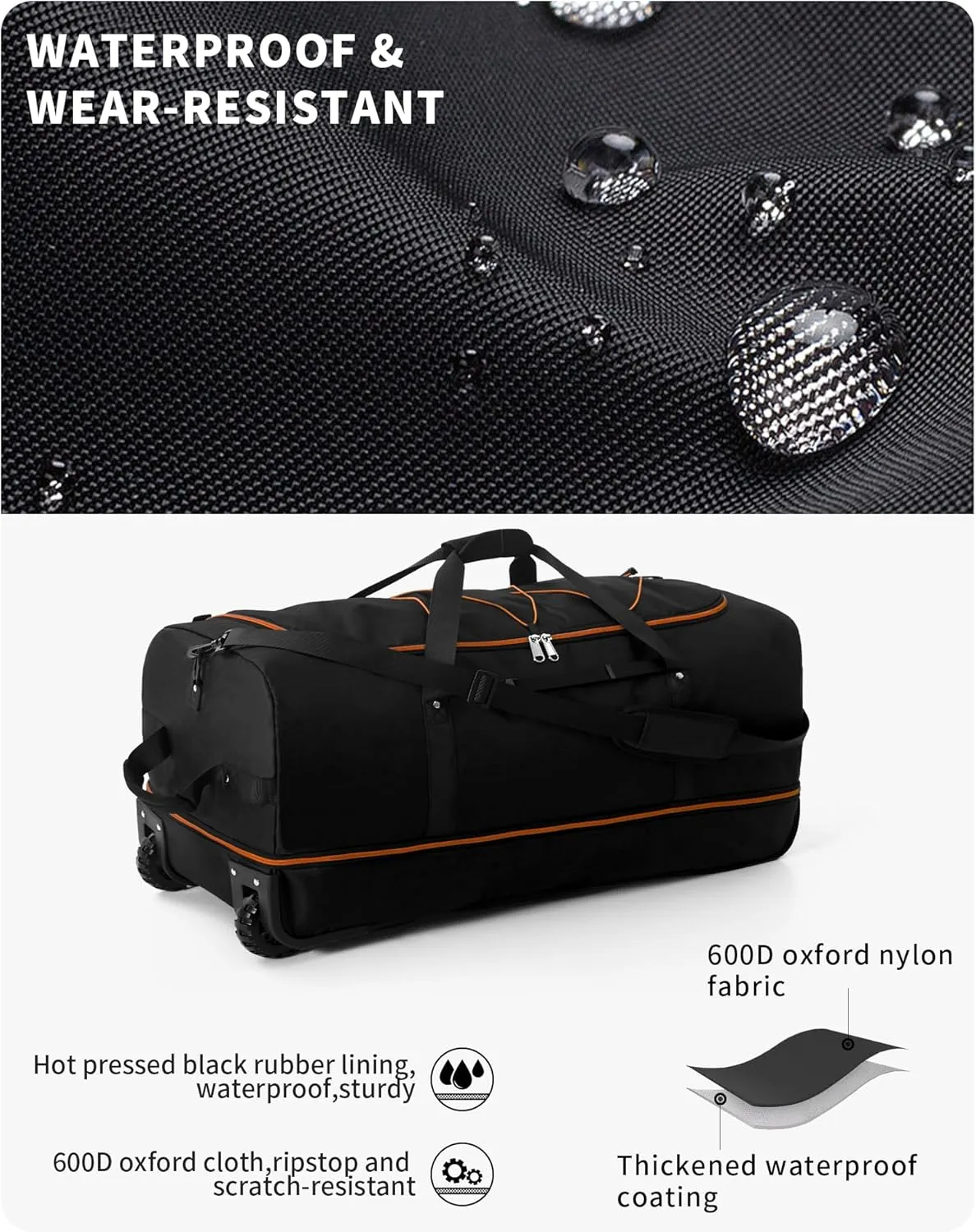 CONTAIL 32” Soft-side 110L Expandable 140L Rolling Duffle Bag with 2 Inline Wheels,Convertible Weekend Travel Bag with Bungee-Cord System,Black-orange