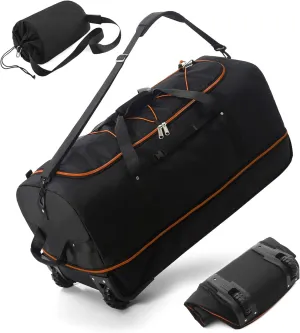 CONTAIL 32” Soft-side 110L Expandable 140L Rolling Duffle Bag with 2 Inline Wheels,Convertible Weekend Travel Bag with Bungee-Cord System,Black-orange