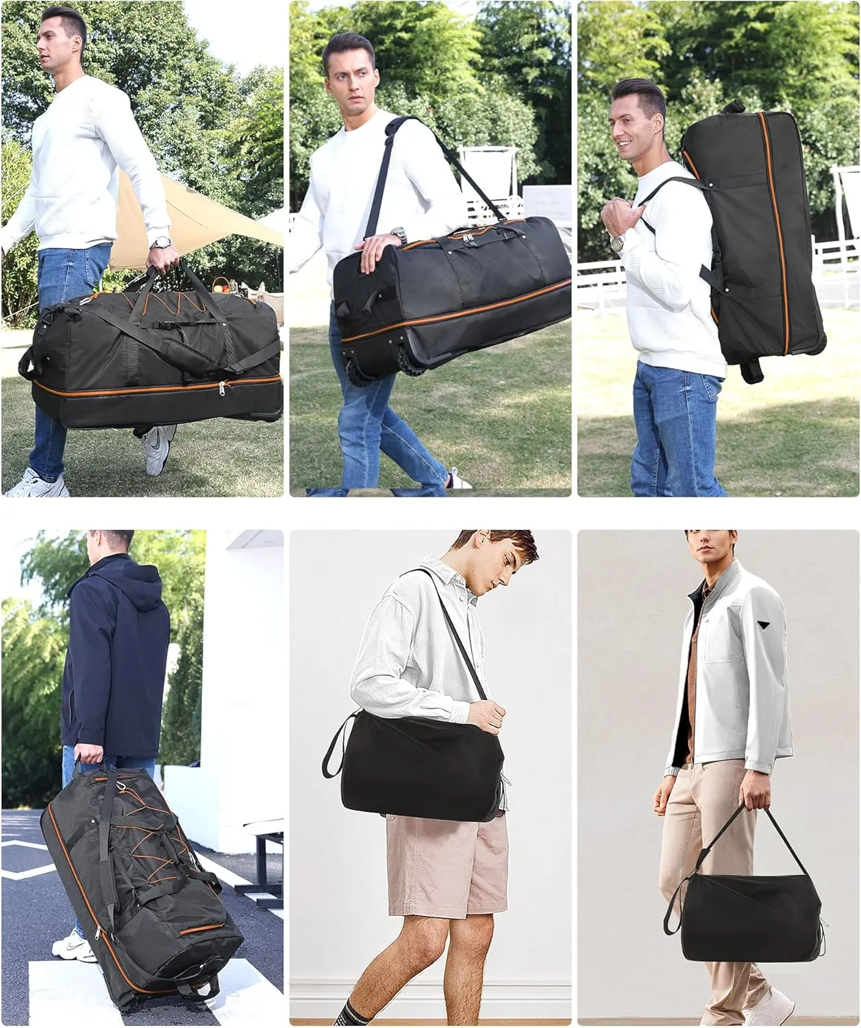CONTAIL 32” Soft-side 110L Expandable 140L Rolling Duffle Bag with 2 Inline Wheels,Convertible Weekend Travel Bag with Bungee-Cord System,Black-orange