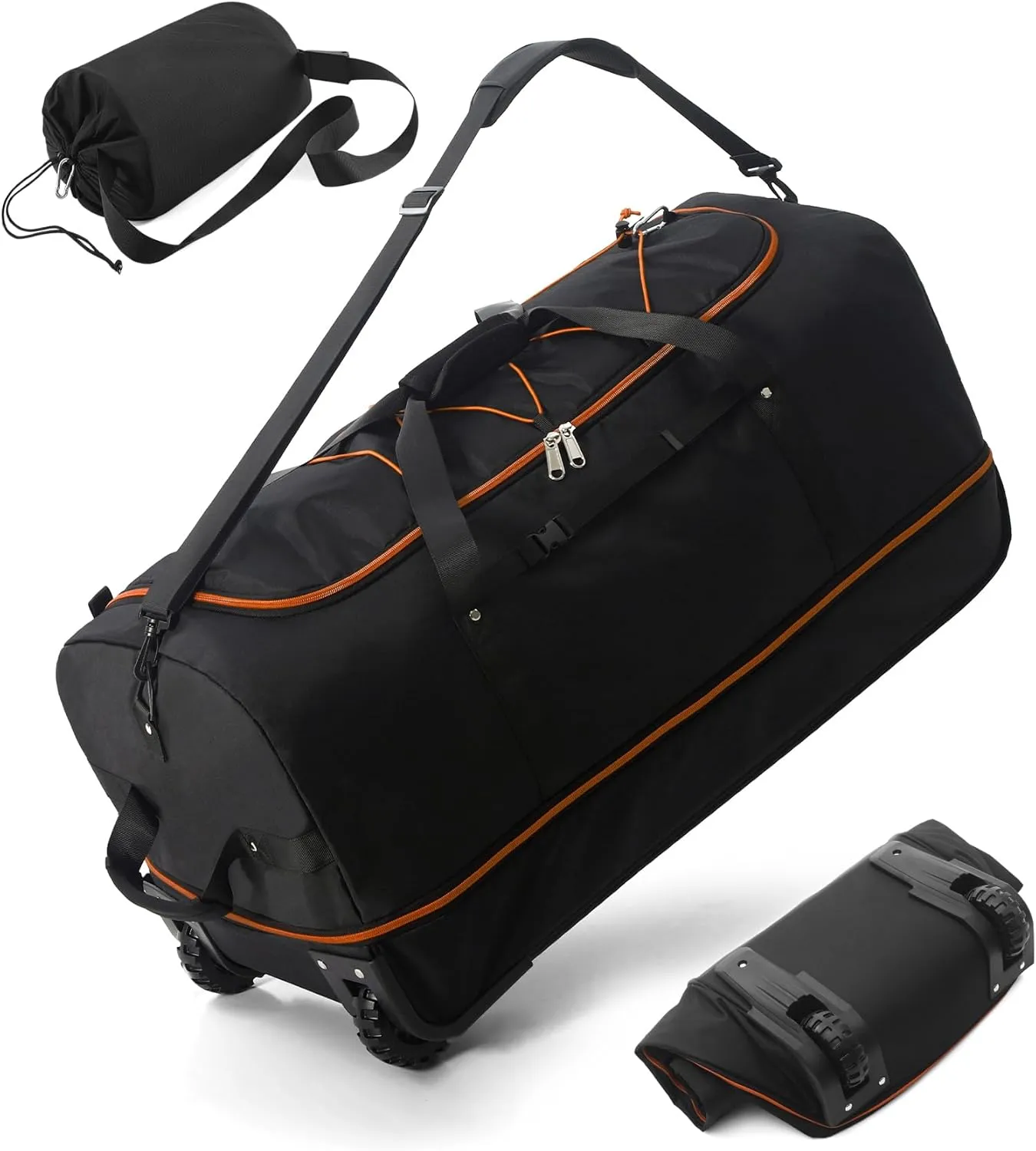 CONTAIL 32” Soft-side 110L Expandable 140L Rolling Duffle Bag with 2 Inline Wheels,Convertible Weekend Travel Bag with Bungee-Cord System,Black-orange