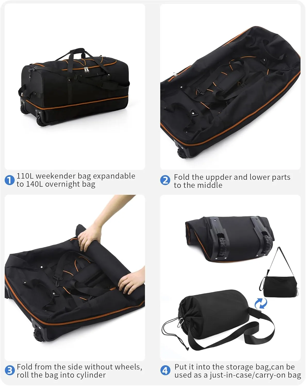 CONTAIL 32” Soft-side 110L Expandable 140L Rolling Duffle Bag with 2 Inline Wheels,Convertible Weekend Travel Bag with Bungee-Cord System,Black-orange