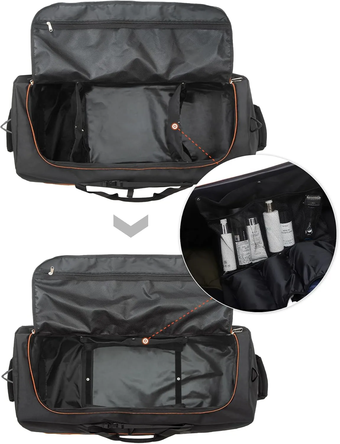 CONTAIL 32” Soft-side 110L Expandable 140L Rolling Duffle Bag with 2 Inline Wheels,Convertible Weekend Travel Bag with Bungee-Cord System,Black-orange