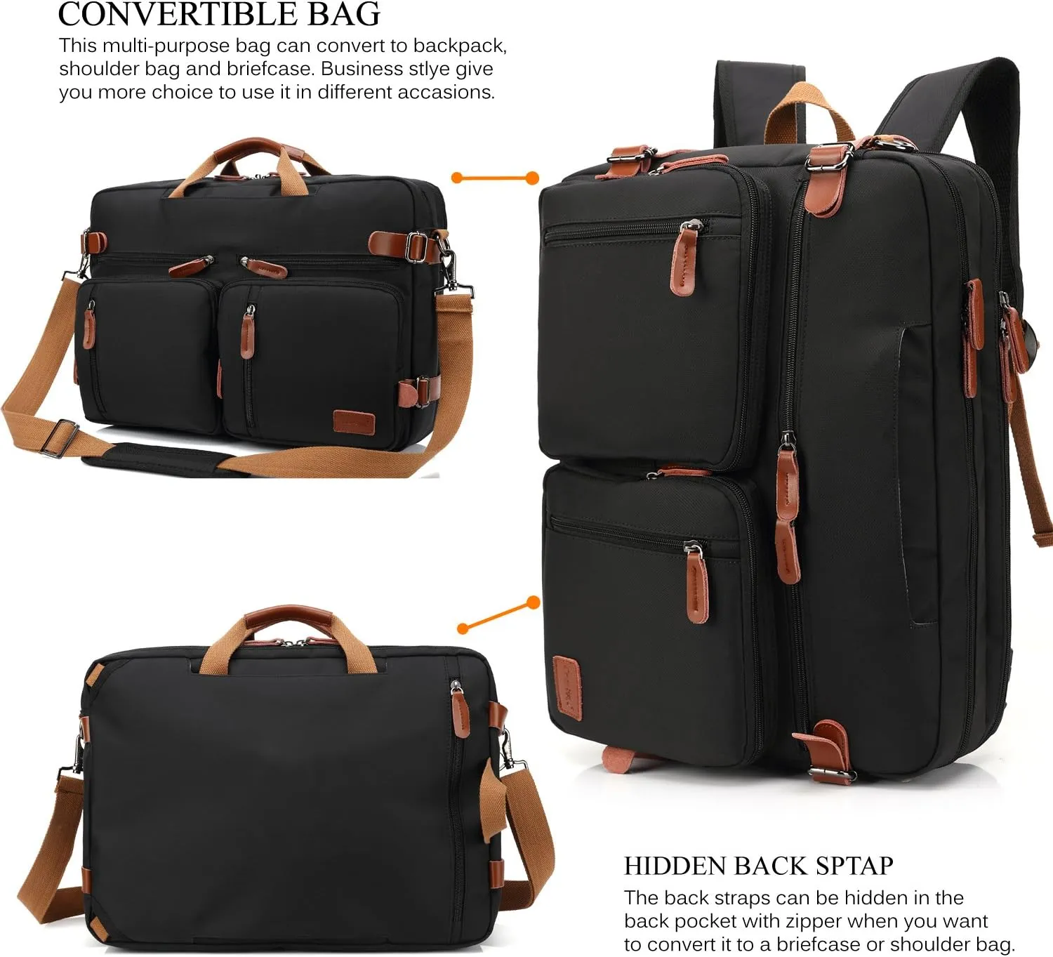 Convertible Backpack Messenger Shoulder Bag Laptop Case Handbag Business Briefcase Multi-Functional Travel Rucksack Fits 15.6 Inch Laptop for Men/Women (Black)