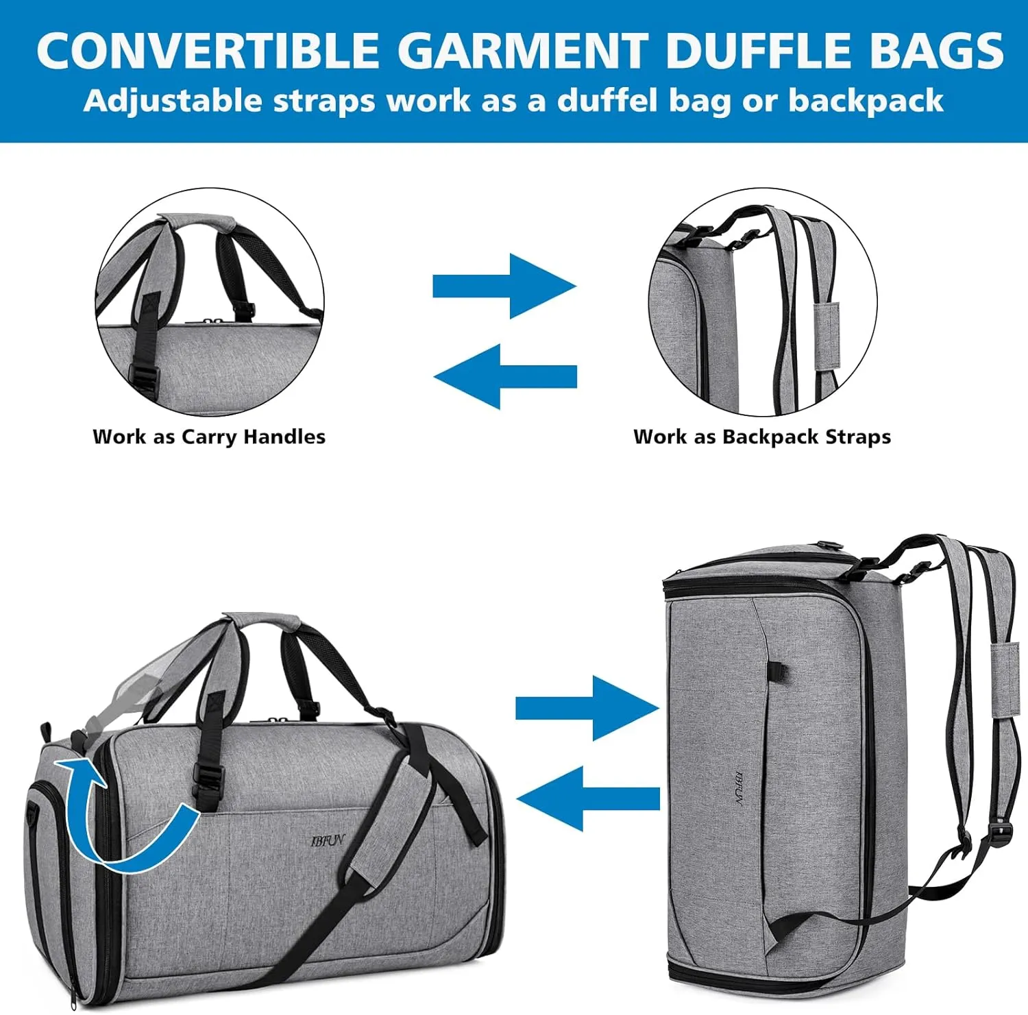 Convertible Garment Bags for Travel - Carry on Garment Duffle Bag with Backpack Straps for Men Women, 4 in 1 Large Travel Duffel Bags with Shoes Compartment Hanging Suit Dress Weekender Bag 3pcs Set
