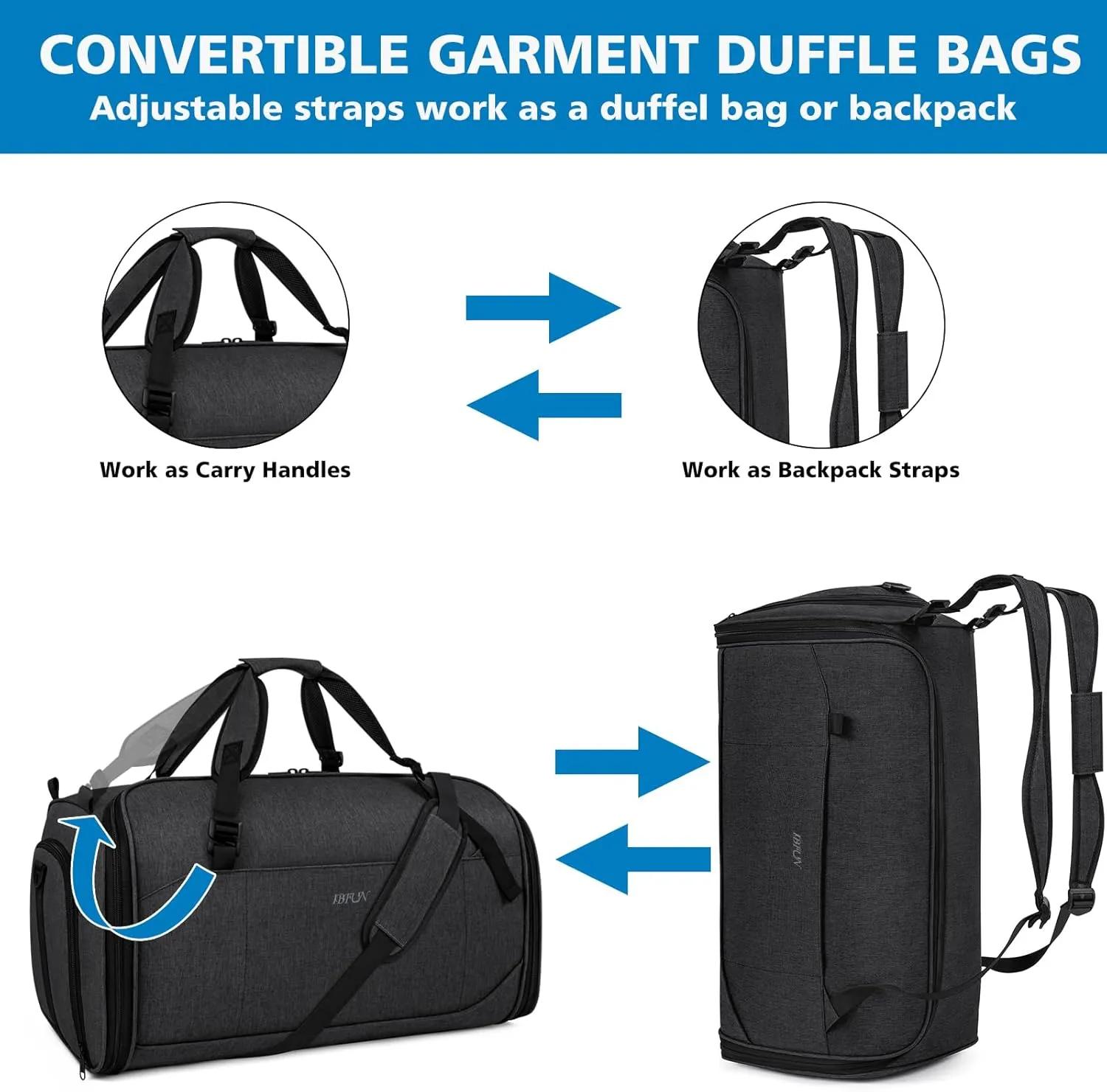 Convertible Garment Bags for Travel - Carry on Garment Duffle Bag with Backpack Straps for Men Women, 4 in 1 Large Travel Duffel Bags with Shoes Compartment Hanging Suit Dress Weekender Bag 3pcs Set