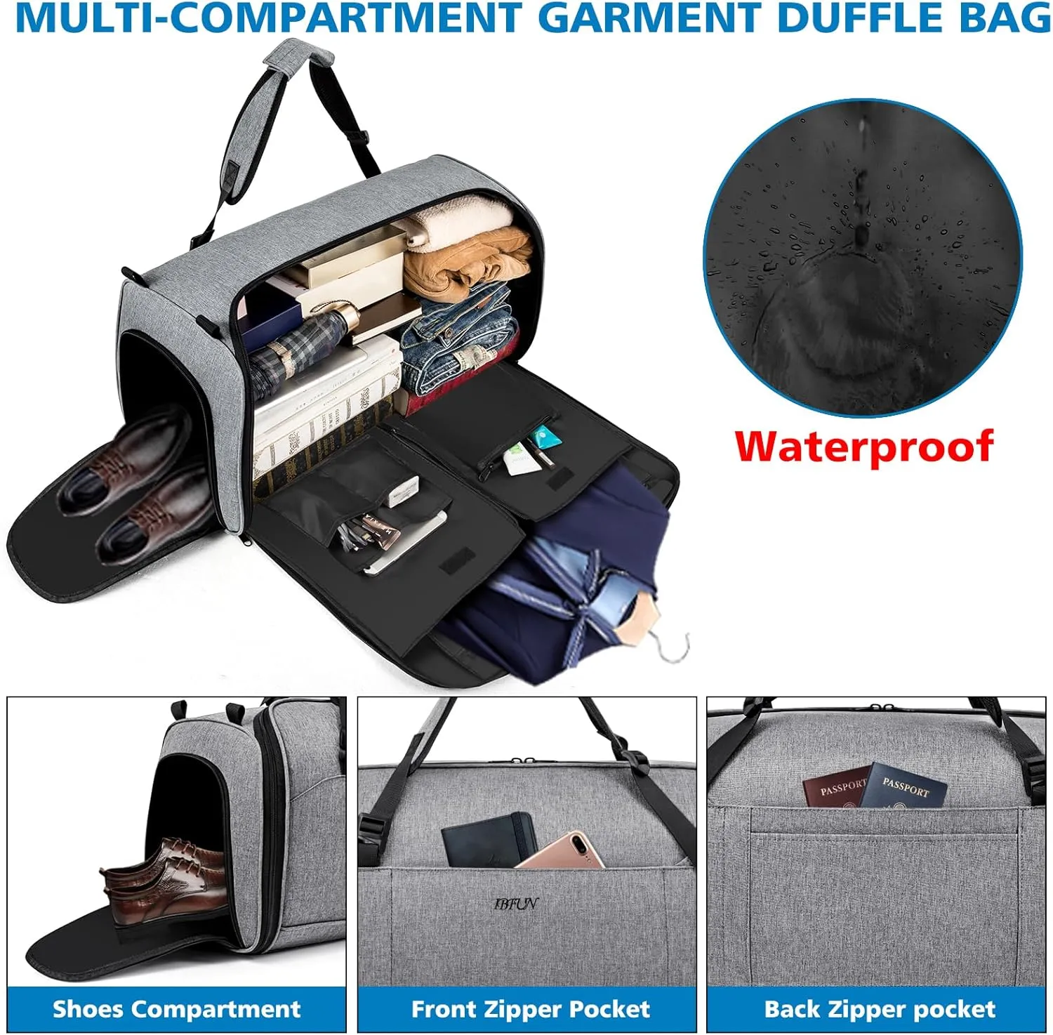 Convertible Garment Bags for Travel - Carry on Garment Duffle Bag with Backpack Straps for Men Women, 4 in 1 Large Travel Duffel Bags with Shoes Compartment Hanging Suit Dress Weekender Bag 3pcs Set