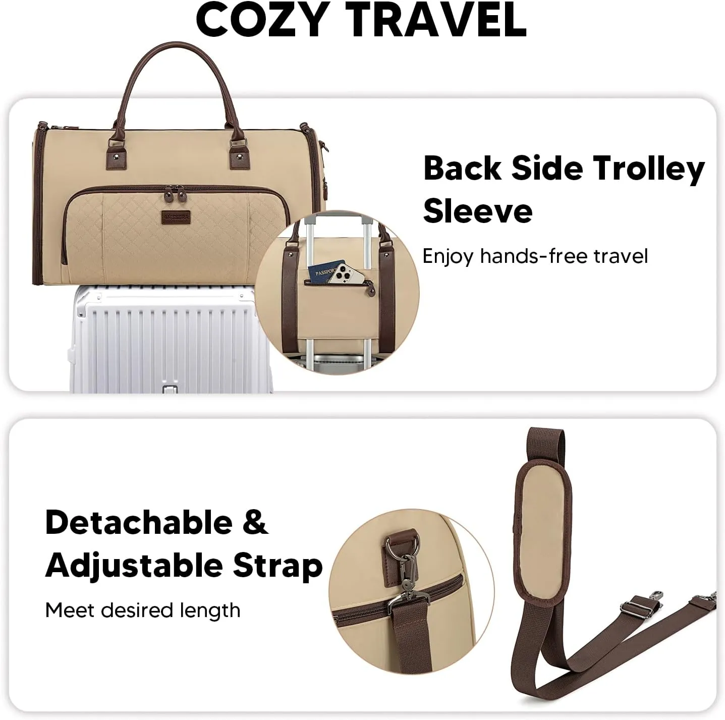Convertible Garment Bags for Travel, Carry On Garment Duffle Bags for Women, Garment Bag with Shoes Compartment, 2 in 1 Travel Suit Bag with Detachable Shoulder Strap-Khaki