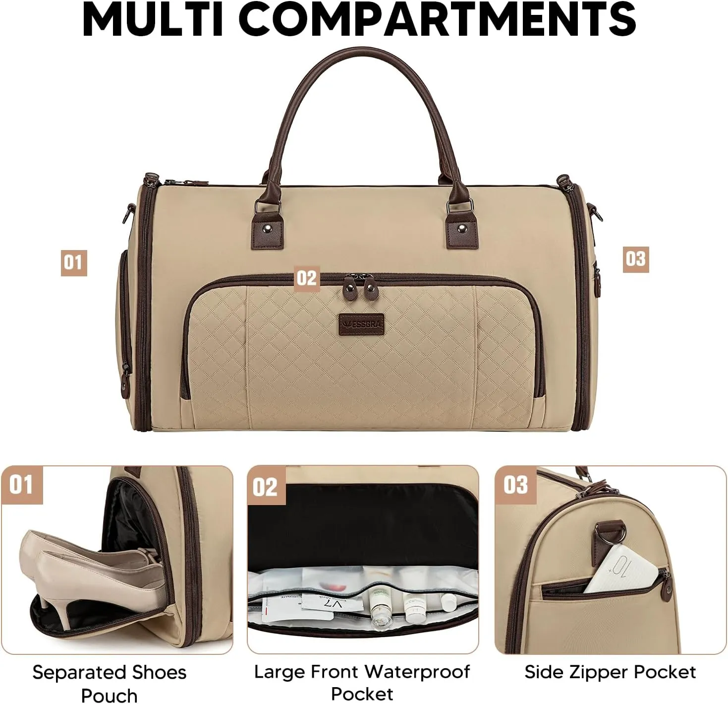 Convertible Garment Bags for Travel, Carry On Garment Duffle Bags for Women, Garment Bag with Shoes Compartment, 2 in 1 Travel Suit Bag with Detachable Shoulder Strap-Khaki