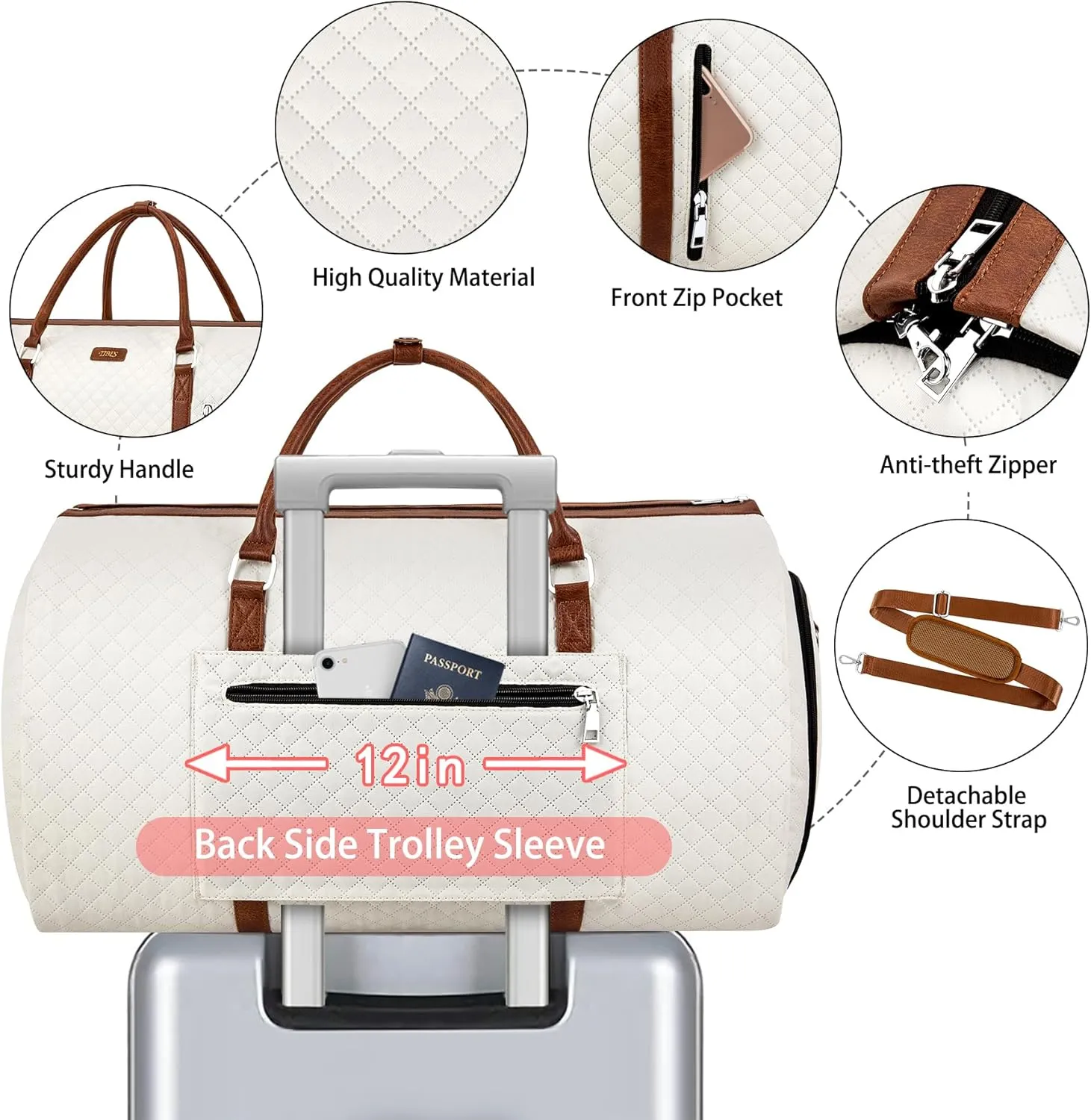 Convertible Garment Duffle Bags for Travel - Carry On Garment Bags With Toiletry Bag, Large Weekender Bags for Women Men 2 in 1 Hanging Suitcase Suit Travel Duffel Bags (White)