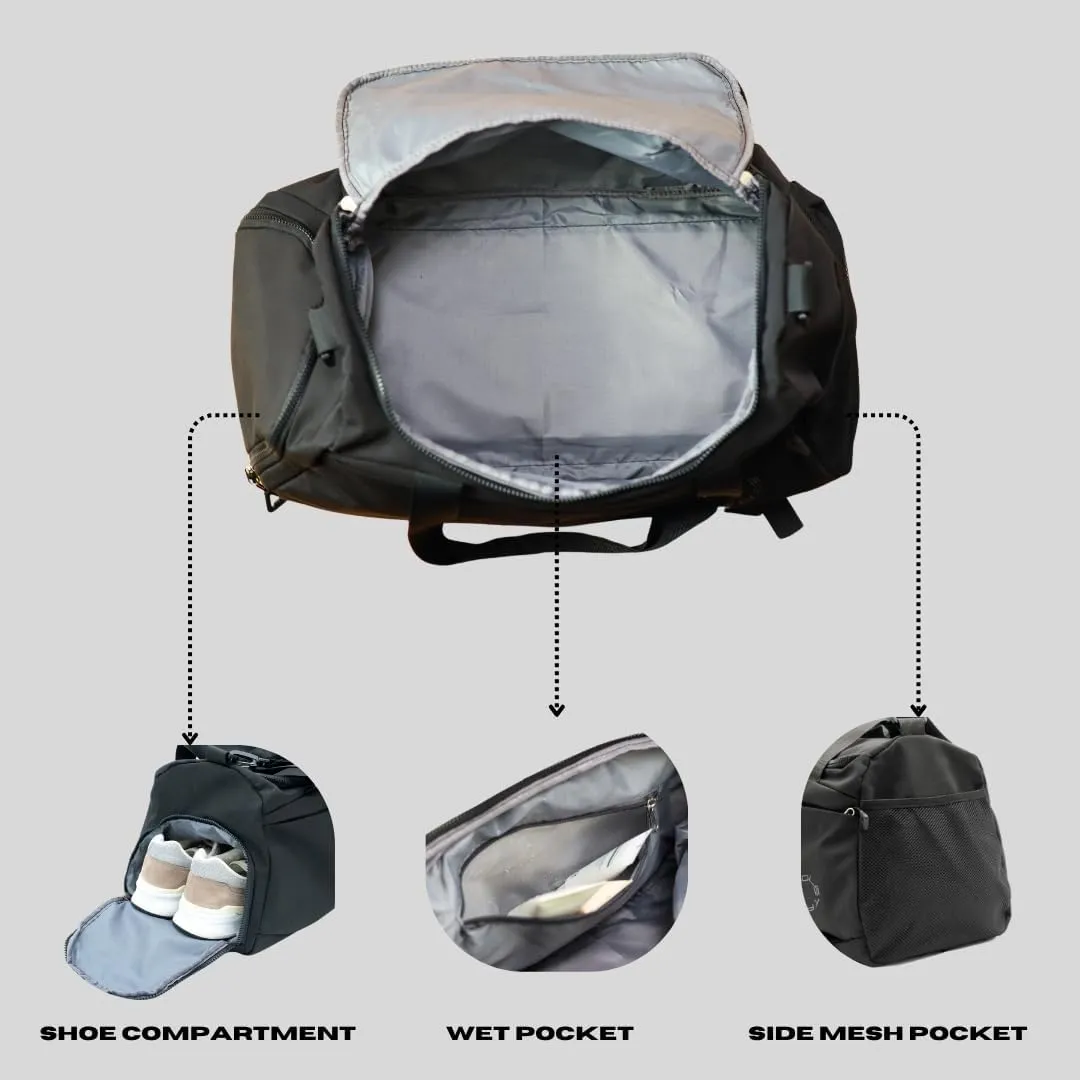Convertible Gym, Sports & Travel Duffle - With Shoe Compartment & Wet Pocket, Overnight & Carry On Bag, Weekender (Black)