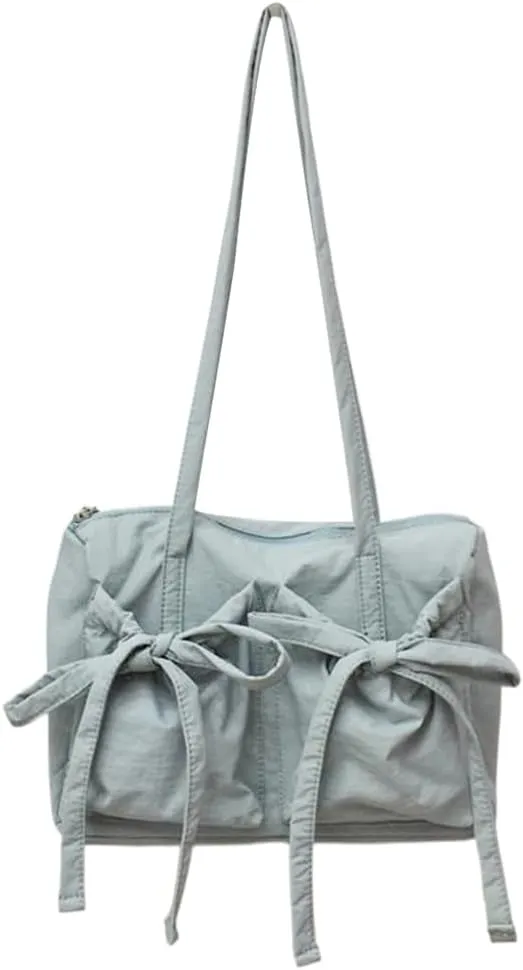 Coquette Aesthetic Shoulder Bag Cute Bows Purse Nylon Tote Handbag, Japanese Style Bows Tie Hobo Purse