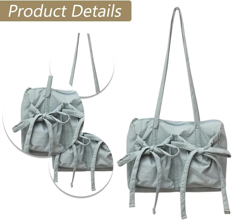 Coquette Aesthetic Shoulder Bag Cute Bows Purse Nylon Tote Handbag, Japanese Style Bows Tie Hobo Purse