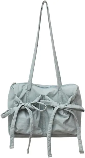 Coquette Aesthetic Shoulder Bag Cute Bows Purse Nylon Tote Handbag, Japanese Style Bows Tie Hobo Purse