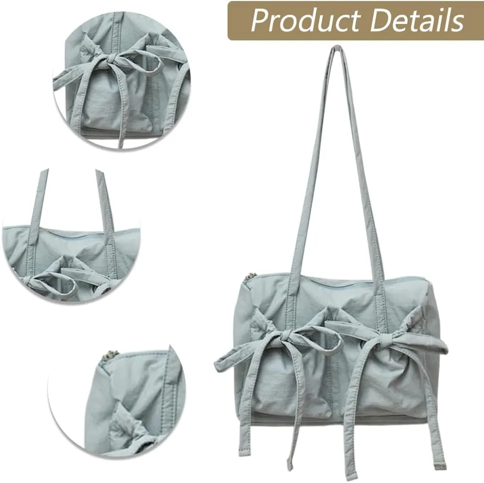 Coquette Aesthetic Shoulder Bag Cute Bows Purse Nylon Tote Handbag, Japanese Style Bows Tie Hobo Purse