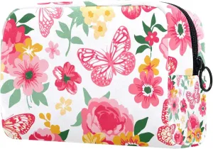 Coral and Yellow with Roses Peonies and Butterflies Small Makeup Bag for Purse, Portable Cosmetic Bag Zipper Makeup Pouch for Women, Stationery, Toiletries, Travel Accessories