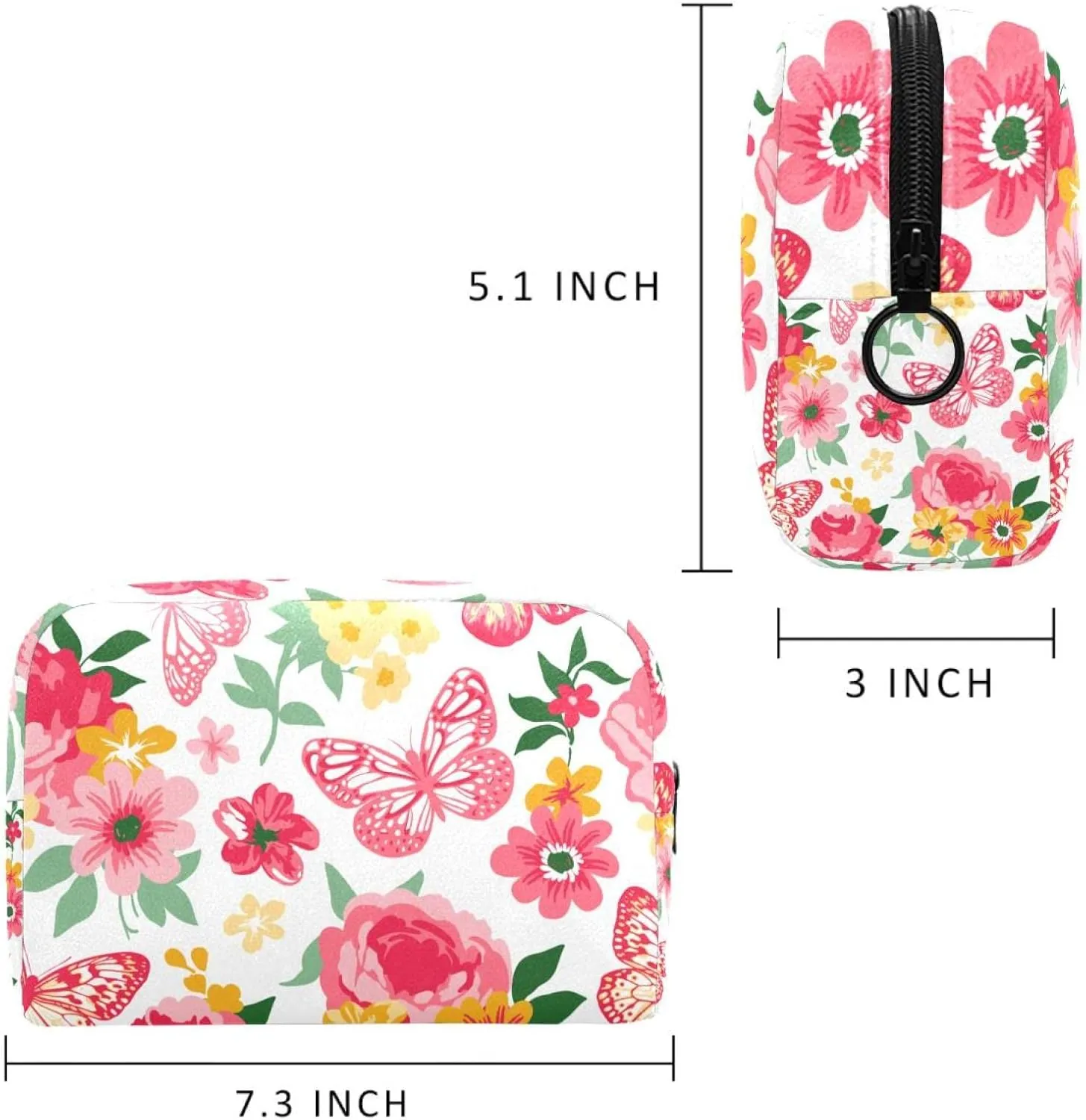 Coral and Yellow with Roses Peonies and Butterflies Small Makeup Bag for Purse, Portable Cosmetic Bag Zipper Makeup Pouch for Women, Stationery, Toiletries, Travel Accessories