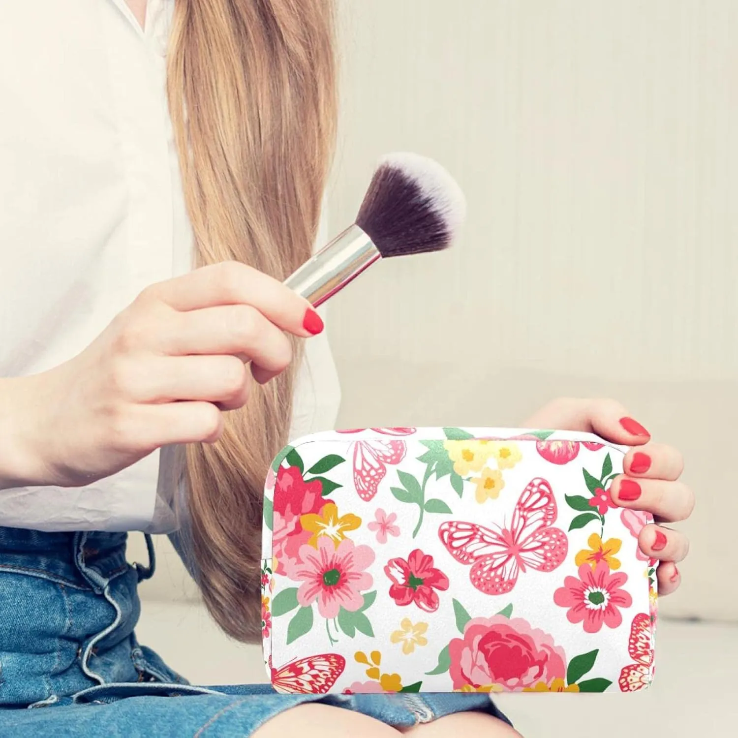 Coral and Yellow with Roses Peonies and Butterflies Small Makeup Bag for Purse, Portable Cosmetic Bag Zipper Makeup Pouch for Women, Stationery, Toiletries, Travel Accessories