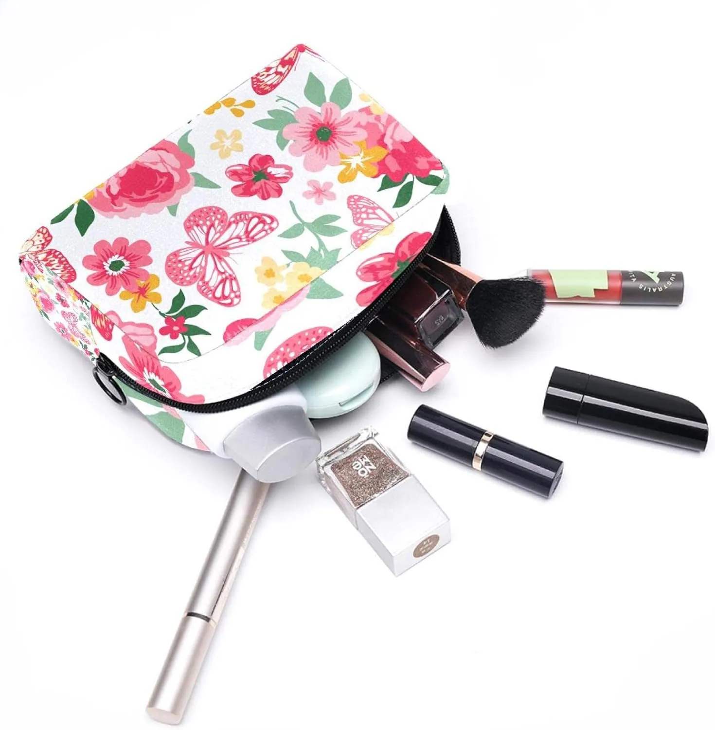 Coral and Yellow with Roses Peonies and Butterflies Small Makeup Bag for Purse, Portable Cosmetic Bag Zipper Makeup Pouch for Women, Stationery, Toiletries, Travel Accessories