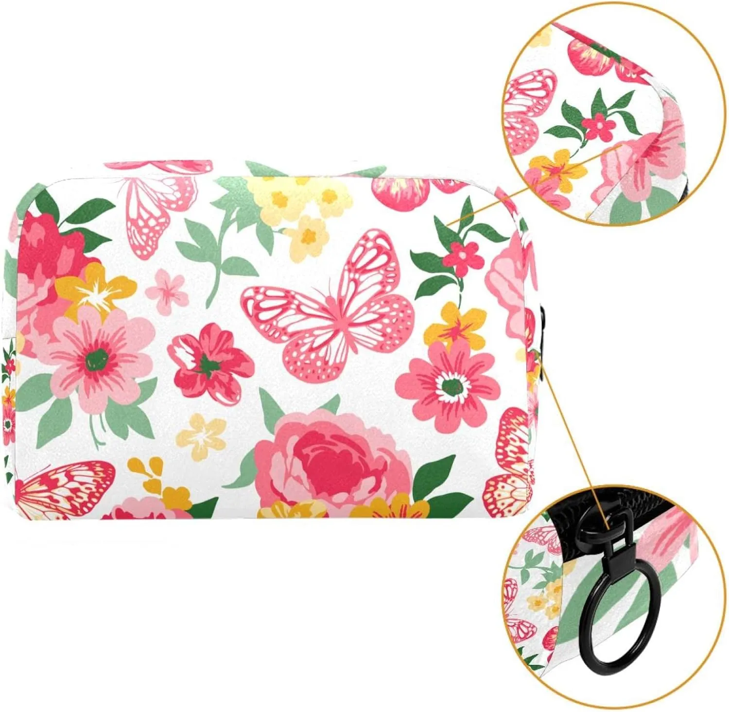 Coral and Yellow with Roses Peonies and Butterflies Small Makeup Bag for Purse, Portable Cosmetic Bag Zipper Makeup Pouch for Women, Stationery, Toiletries, Travel Accessories