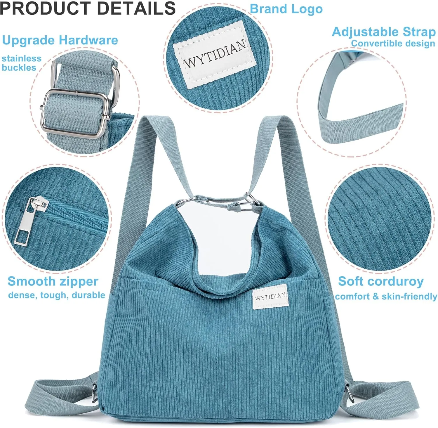 Corduroy Tote Backpack Crossbody Bag for Women, Convertible Shoulder Bags Designer Handbag for College, Work