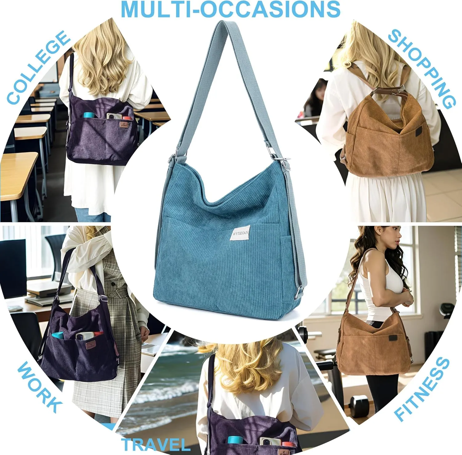 Corduroy Tote Backpack Crossbody Bag for Women, Convertible Shoulder Bags Designer Handbag for College, Work