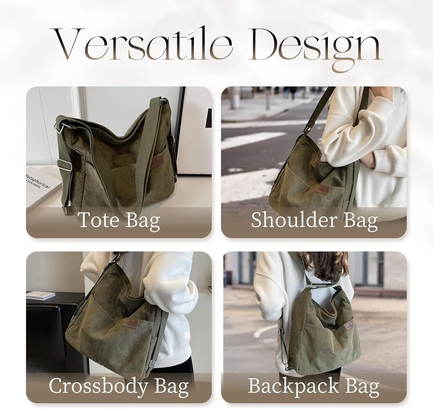 Corduroy Tote Bag for Women Convertible Backpack Purse Crossbody Hobo Shoulder Bag with Multi Pockets Compartments