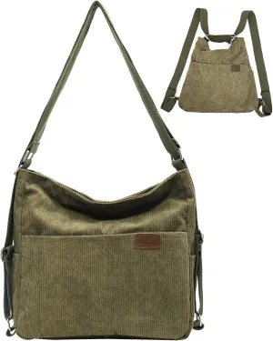 Corduroy Tote Bag for Women Convertible Backpack Purse Crossbody Hobo Shoulder Bag with Multi Pockets Compartments