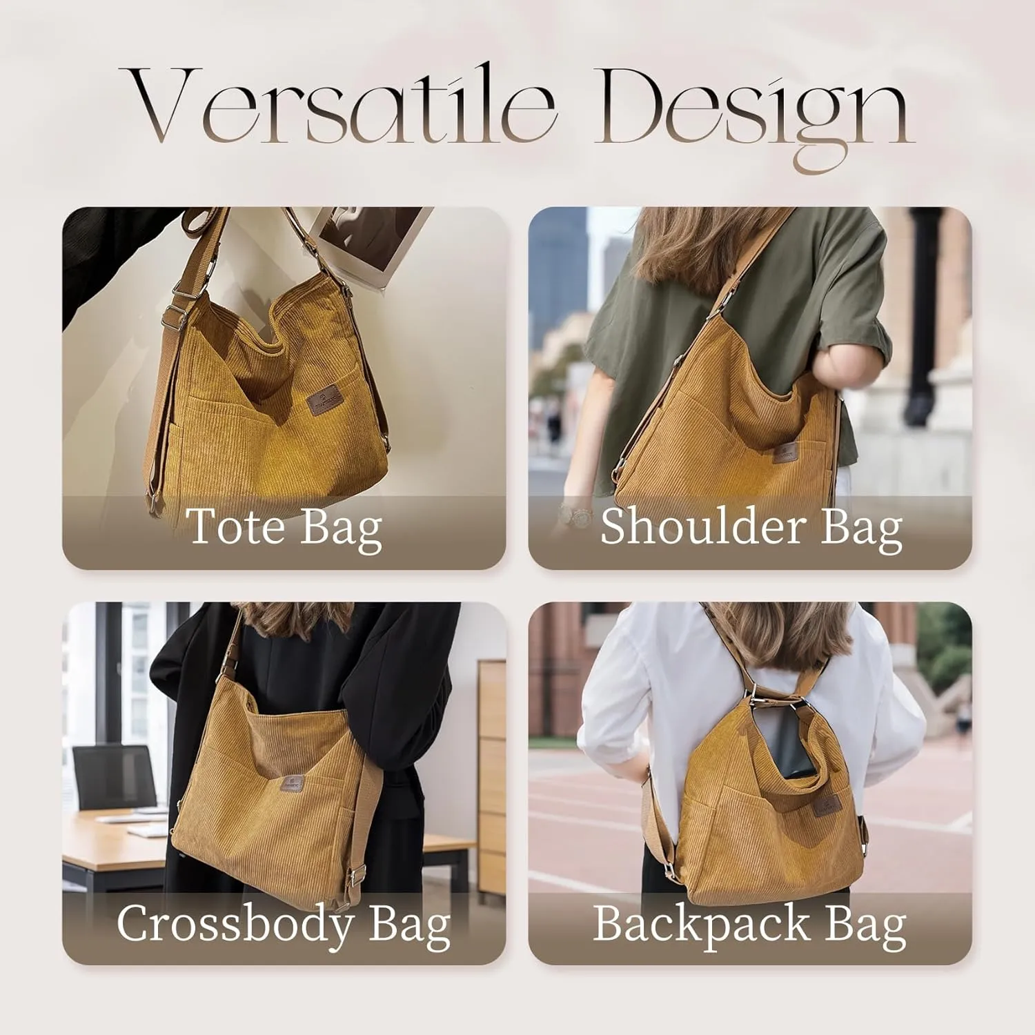 Corduroy Tote Bag for Women Convertible Backpack Purse Crossbody Hobo Shoulder Bag with Multi Pockets Compartments
