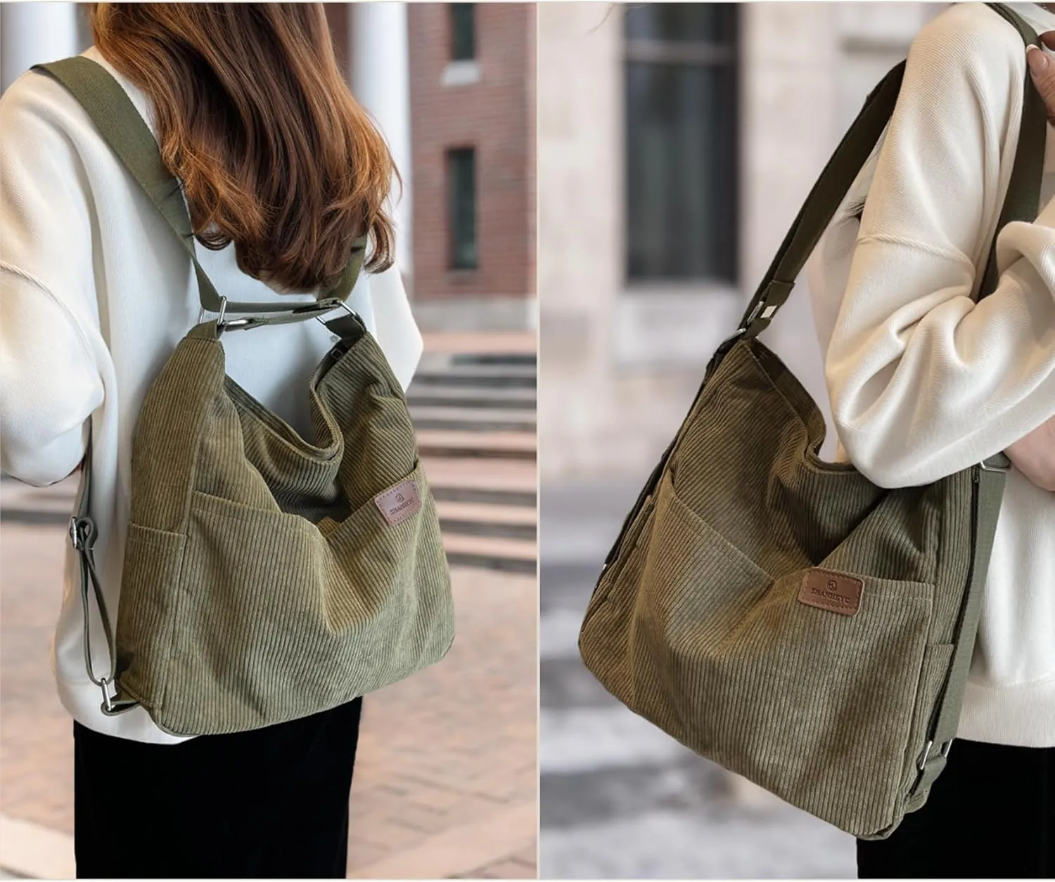 Corduroy Tote Bag for Women Convertible Backpack Purse Crossbody Hobo Shoulder Bag with Multi Pockets Compartments