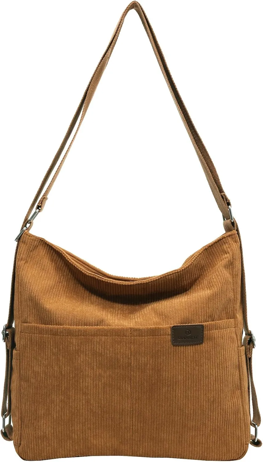Corduroy Tote Bag for Women Convertible Backpack Purse Crossbody Hobo Shoulder Bag with Multi Pockets Compartments