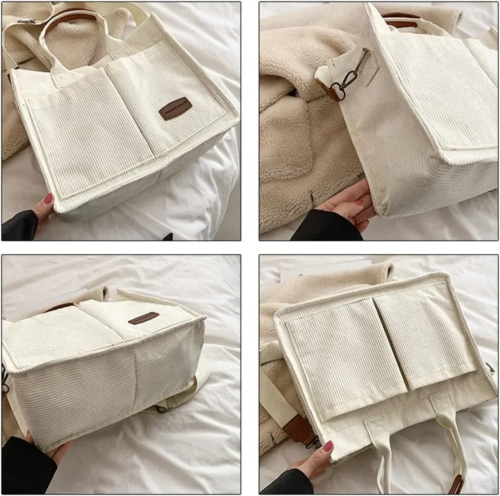 Corduroy Tote Handbags for Women Large Shoulder Crossbody Bag Casual Work Bags Hobo Messenger Bag Satchel with Multi-pocket