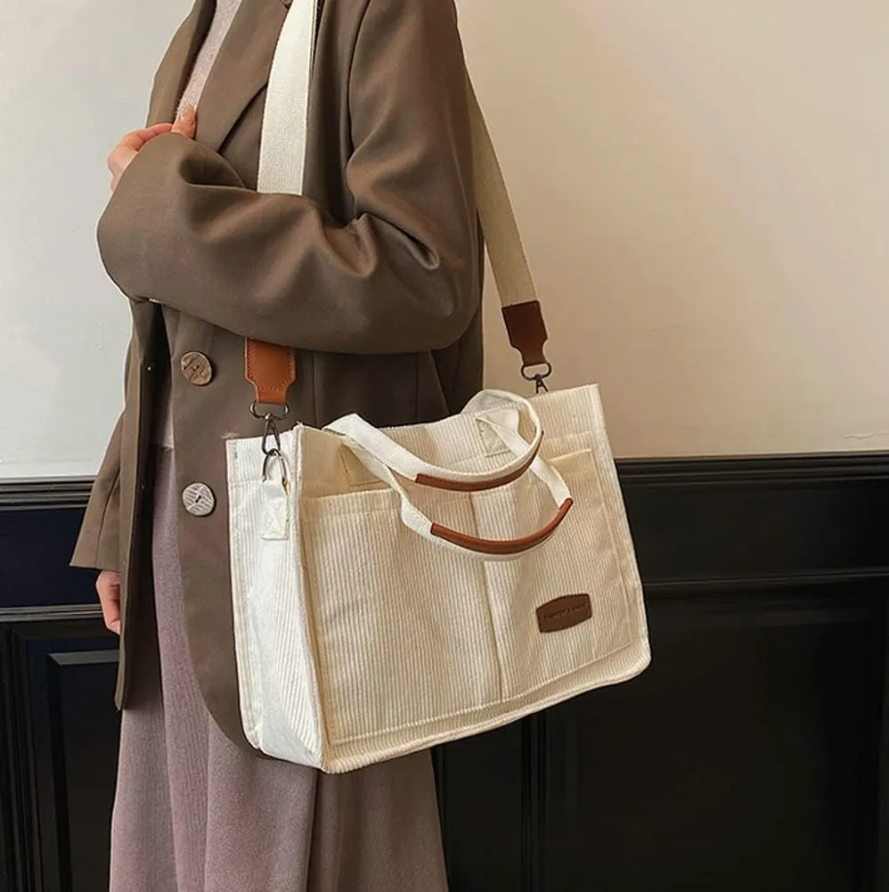 Corduroy Tote Handbags for Women Large Shoulder Crossbody Bag Casual Work Bags Hobo Messenger Bag Satchel with Multi-pocket
