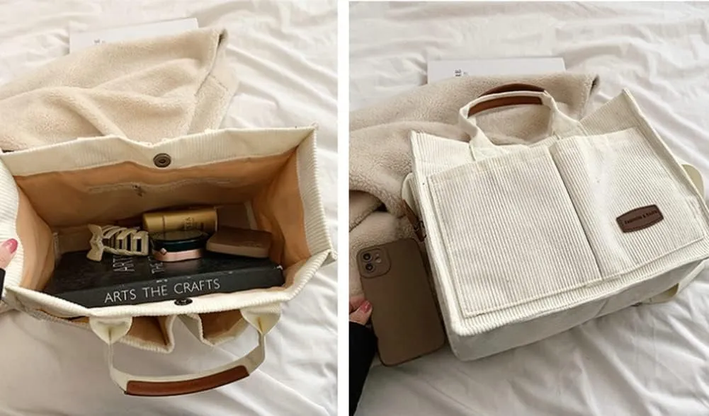 Corduroy Tote Handbags for Women Large Shoulder Crossbody Bag Casual Work Bags Hobo Messenger Bag Satchel with Multi-pocket