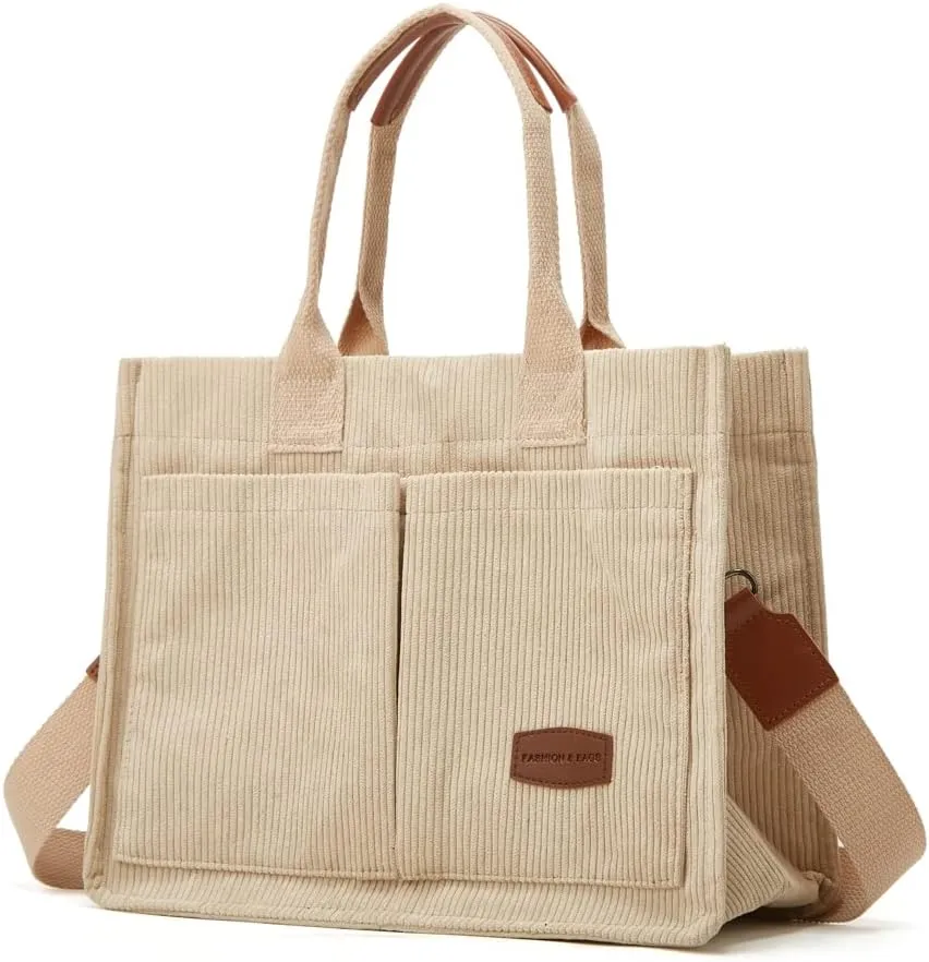 Corduroy Tote Handbags for Women Large Shoulder Crossbody Bag Casual Work Bags Hobo Messenger Bag Satchel with Multi-pocket