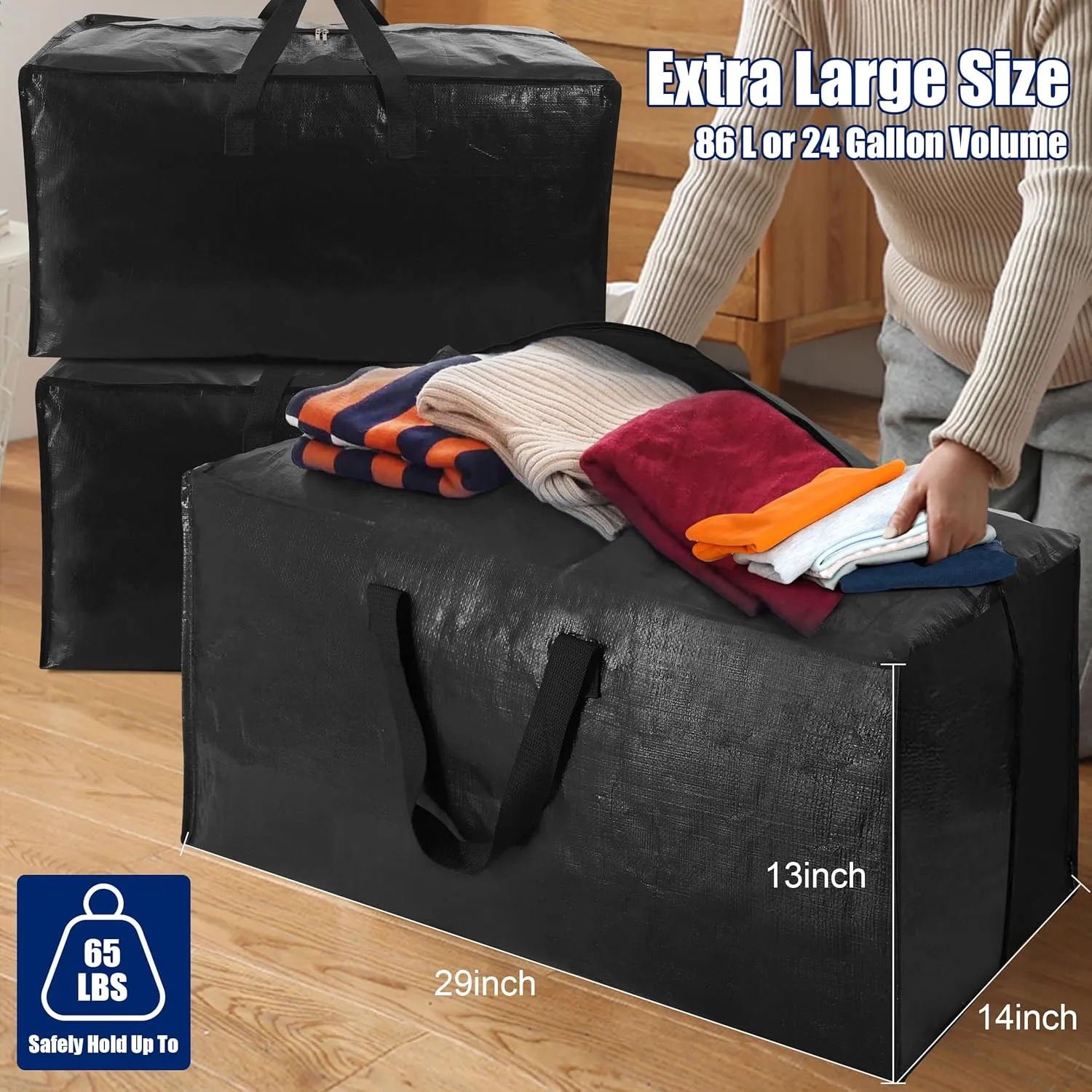 Cosy Family 4 Pack Heavy Duty Extra Large Moving Bags with Backpack Straps - Strong Handles & Zippers, Storage Totes For Space Saving, Fold Flat, Alternative to Moving Box (Set of 4, Black)