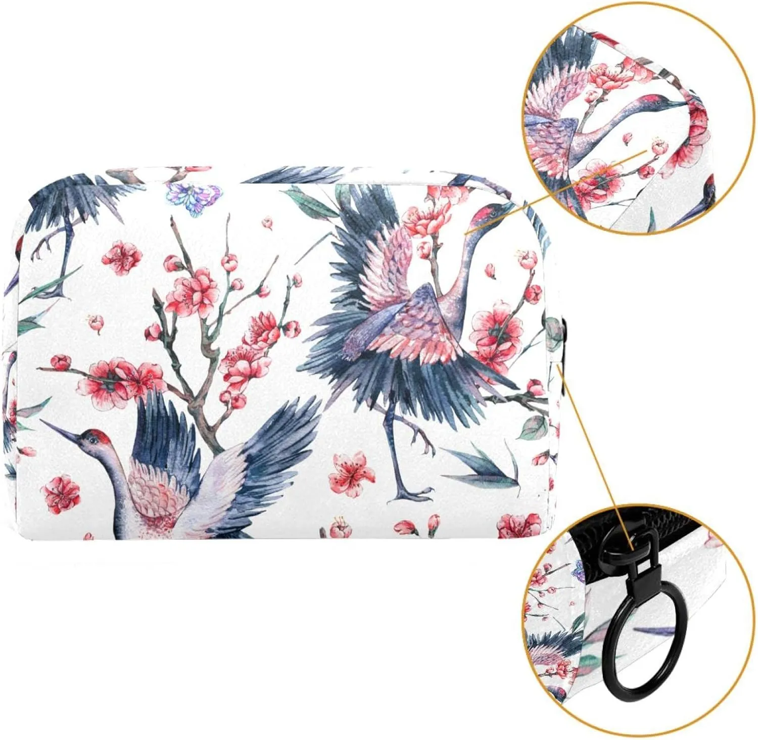 Crane & Flowers Small Makeup Bags for Women Teen Girls, Makeup Storage Bag with Zipper Accessories Organizer Bag for Travelling