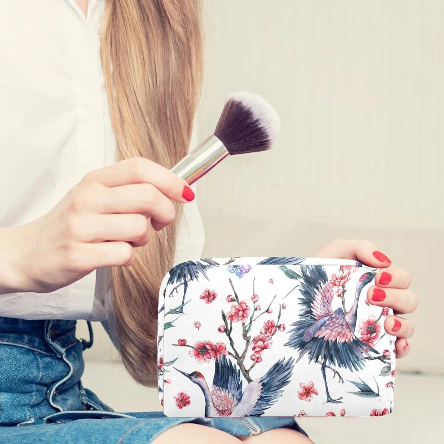Crane & Flowers Small Makeup Bags for Women Teen Girls, Makeup Storage Bag with Zipper Accessories Organizer Bag for Travelling