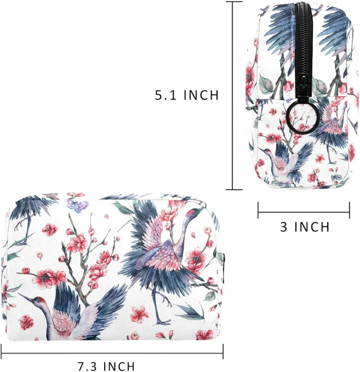 Crane & Flowers Small Makeup Bags for Women Teen Girls, Makeup Storage Bag with Zipper Accessories Organizer Bag for Travelling