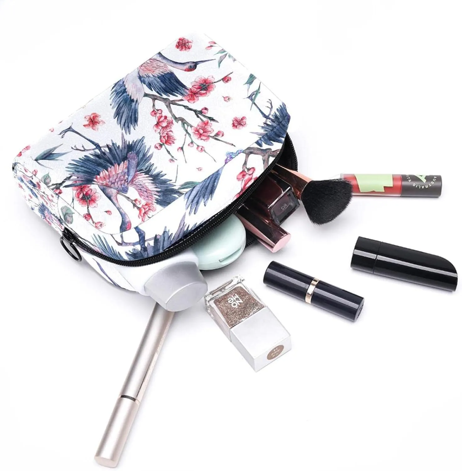Crane & Flowers Small Makeup Bags for Women Teen Girls, Makeup Storage Bag with Zipper Accessories Organizer Bag for Travelling