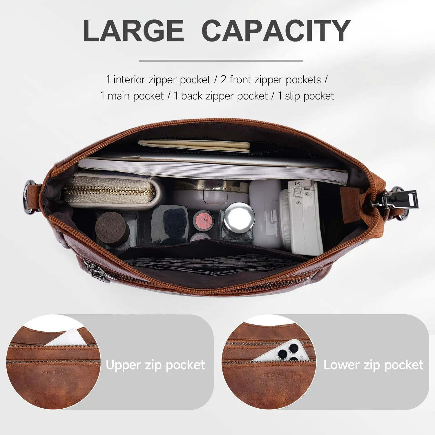 Crossbody Bags for Women Leather Purse Trendy Multi Pocket Shoulder Handbags with Adjustable Guitar Strap