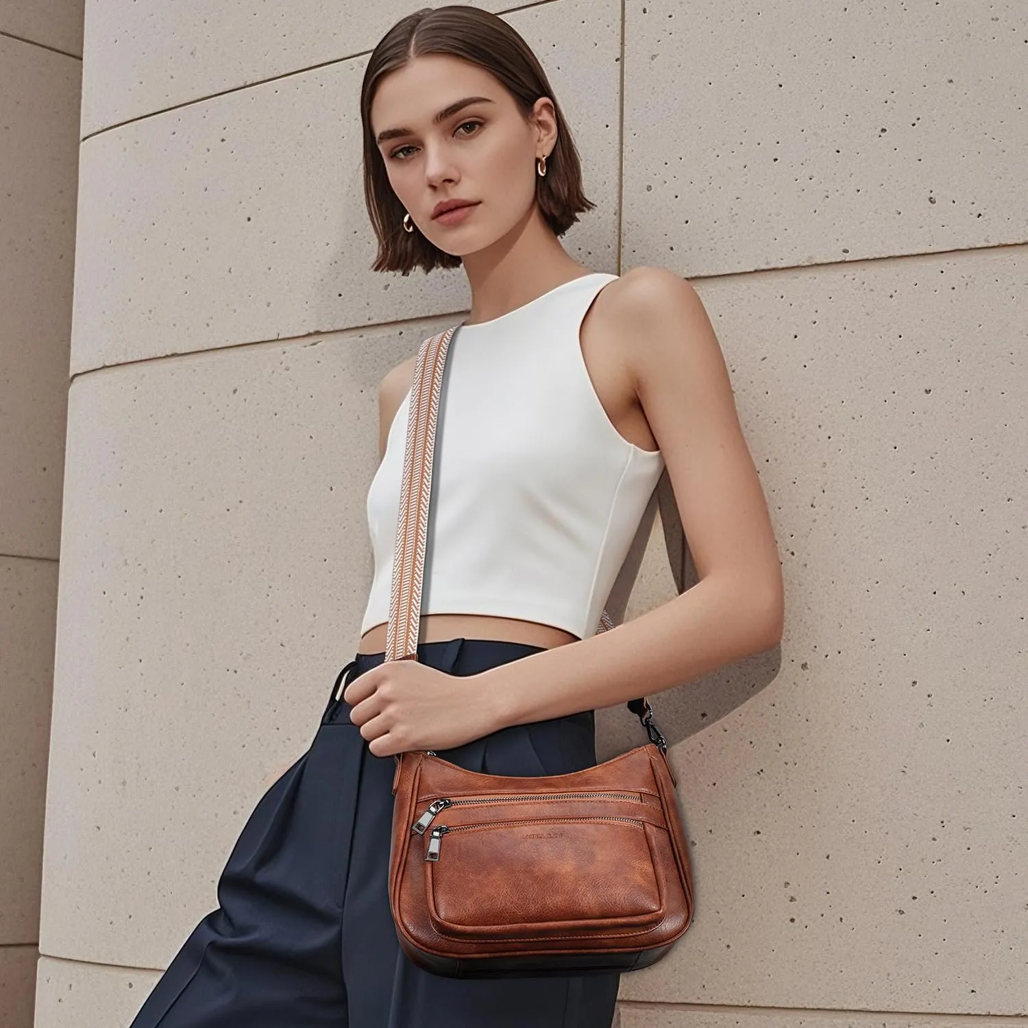 Crossbody Bags for Women Leather Purse Trendy Multi Pocket Shoulder Handbags with Adjustable Guitar Strap