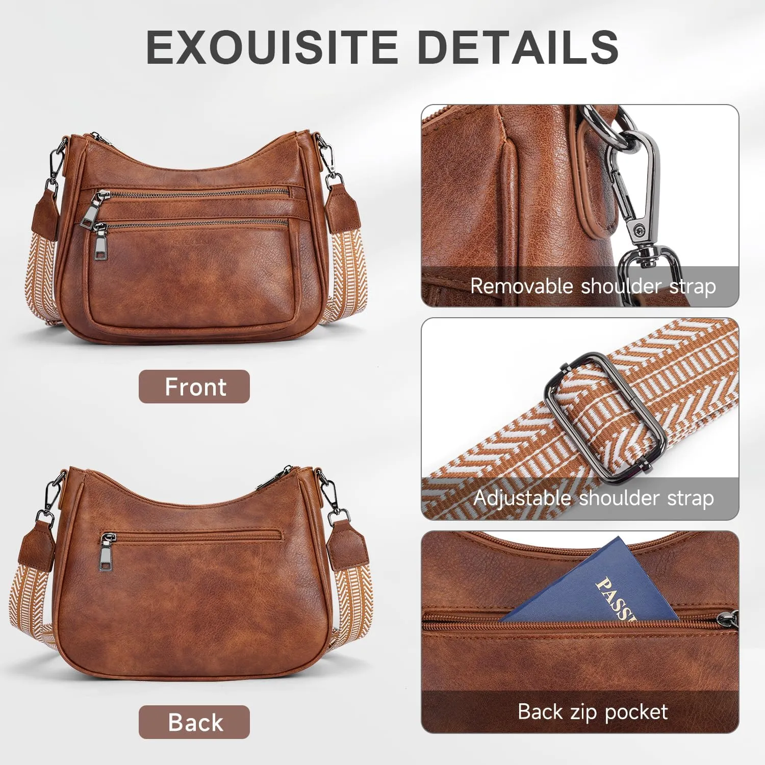 Crossbody Bags for Women Leather Purse Trendy Multi Pocket Shoulder Handbags with Adjustable Guitar Strap