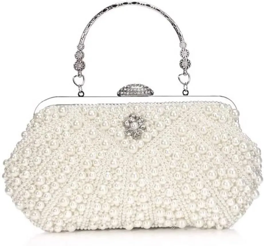 Crystal Floral Pearl Purses for Women Pearl Bag Tote Bag Beaded bag Bridal Purse Evening Party Bag with Chain Wedding Ivory