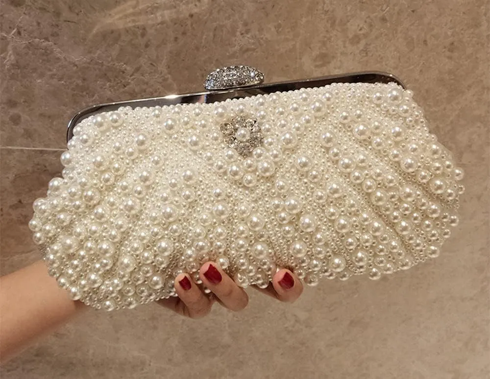 Crystal Floral Pearl Purses for Women Pearl Bag Tote Bag Beaded bag Bridal Purse Evening Party Bag with Chain Wedding Ivory