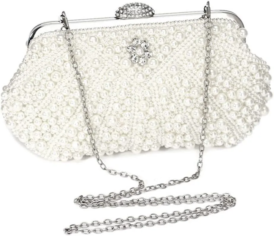 Crystal Floral Pearl Purses for Women Pearl Bag Tote Bag Beaded bag Bridal Purse Evening Party Bag with Chain Wedding Ivory
